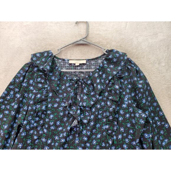 Loft Blouse Women's Large Multi Floral Ruffle Trim Round Neck Keyhole Drawstring - Picture 3 of 9